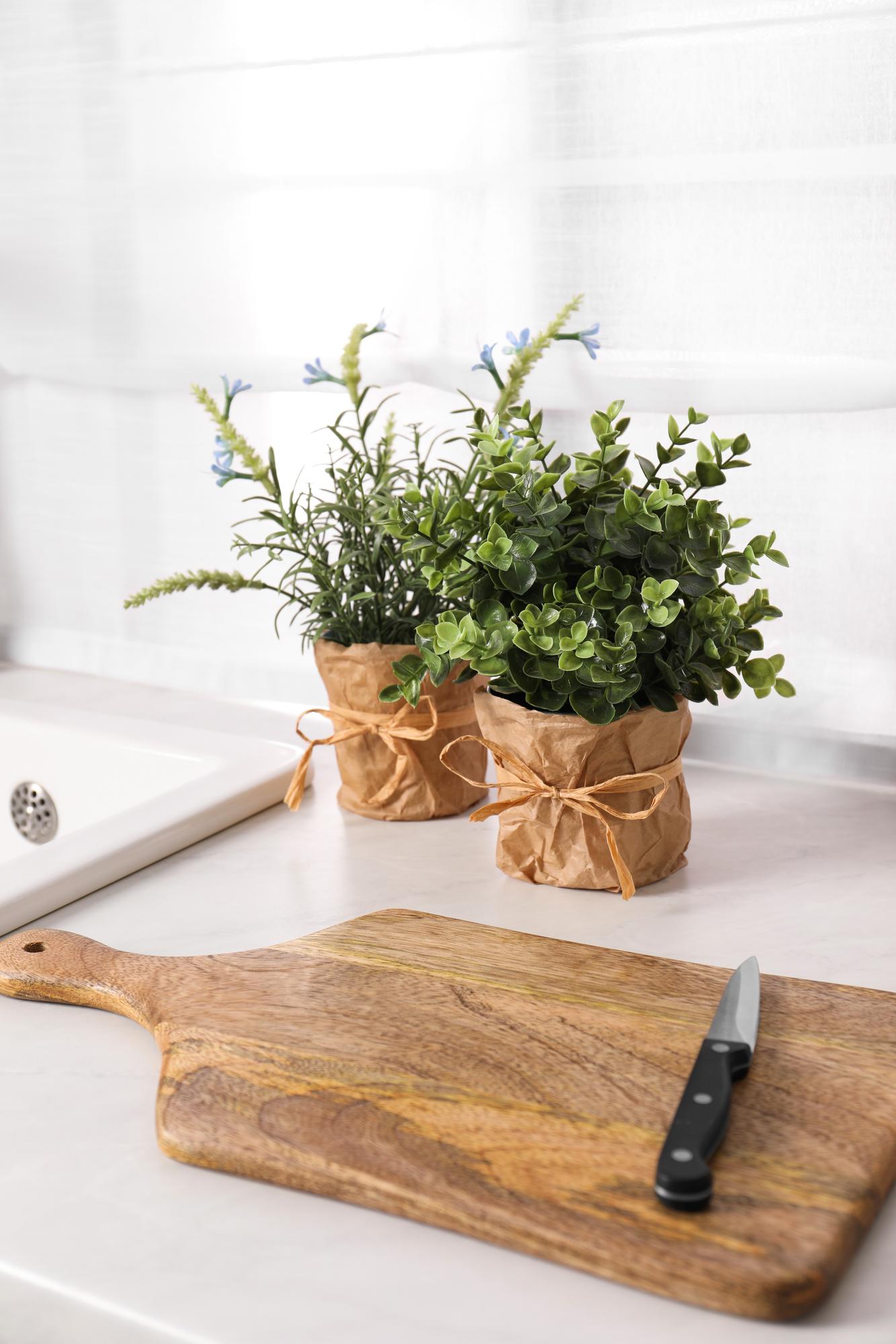 Cozy kitchen corner with cutting board and herbs